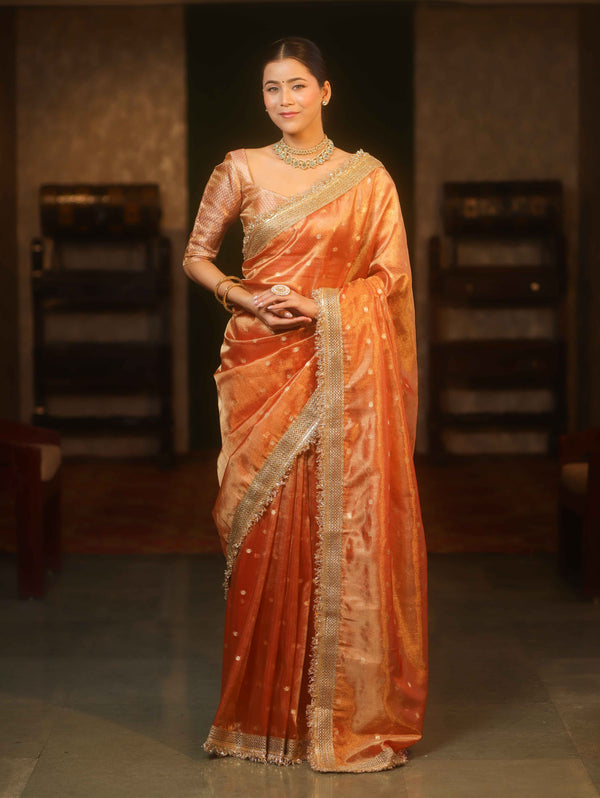 Banarasee Handwoven Tissue Saree Zari Buti With Lace-Peach