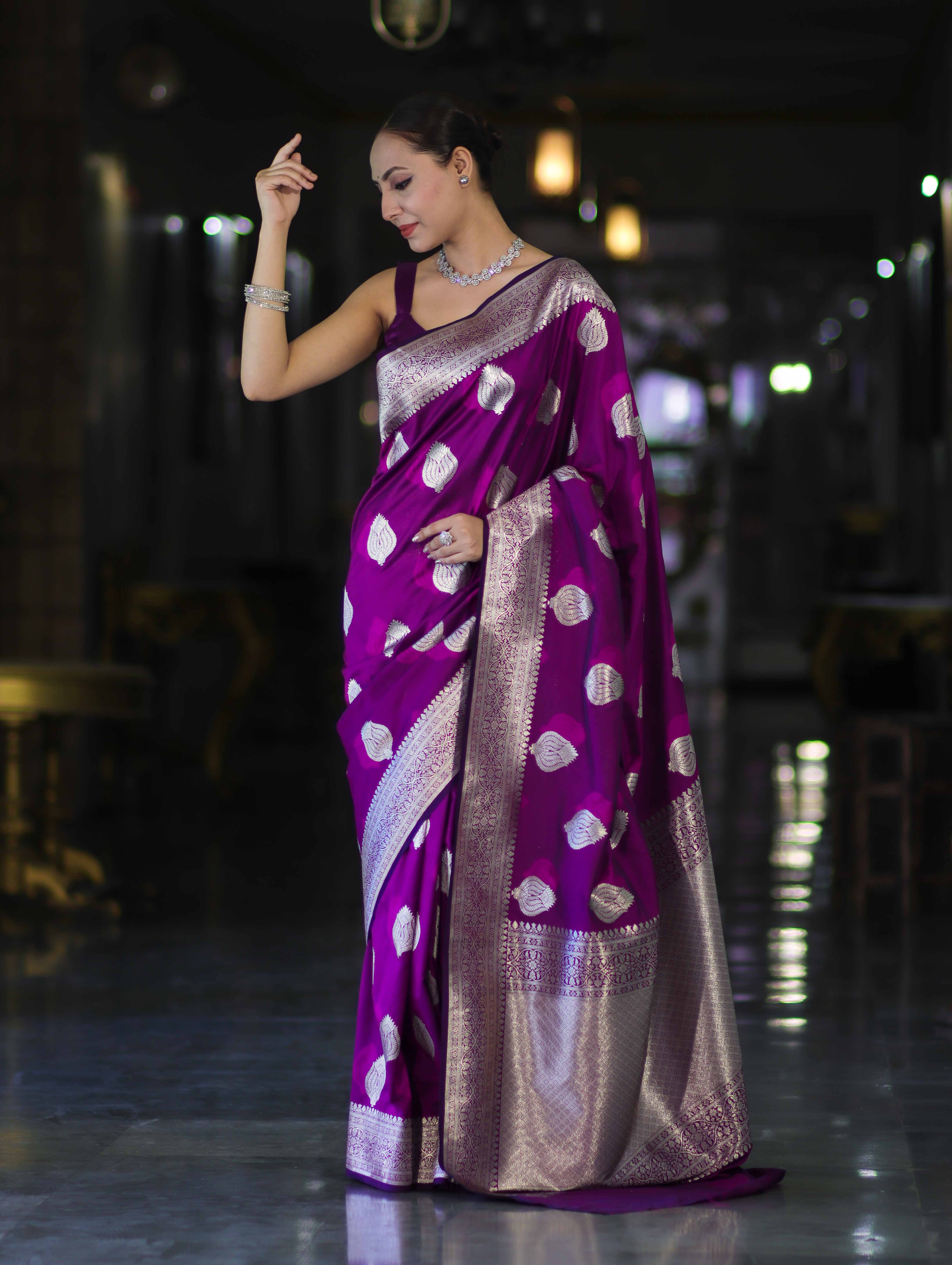 Banarasee Handloom Semi Katan Saree With Floral Buta Design & Border-Violet