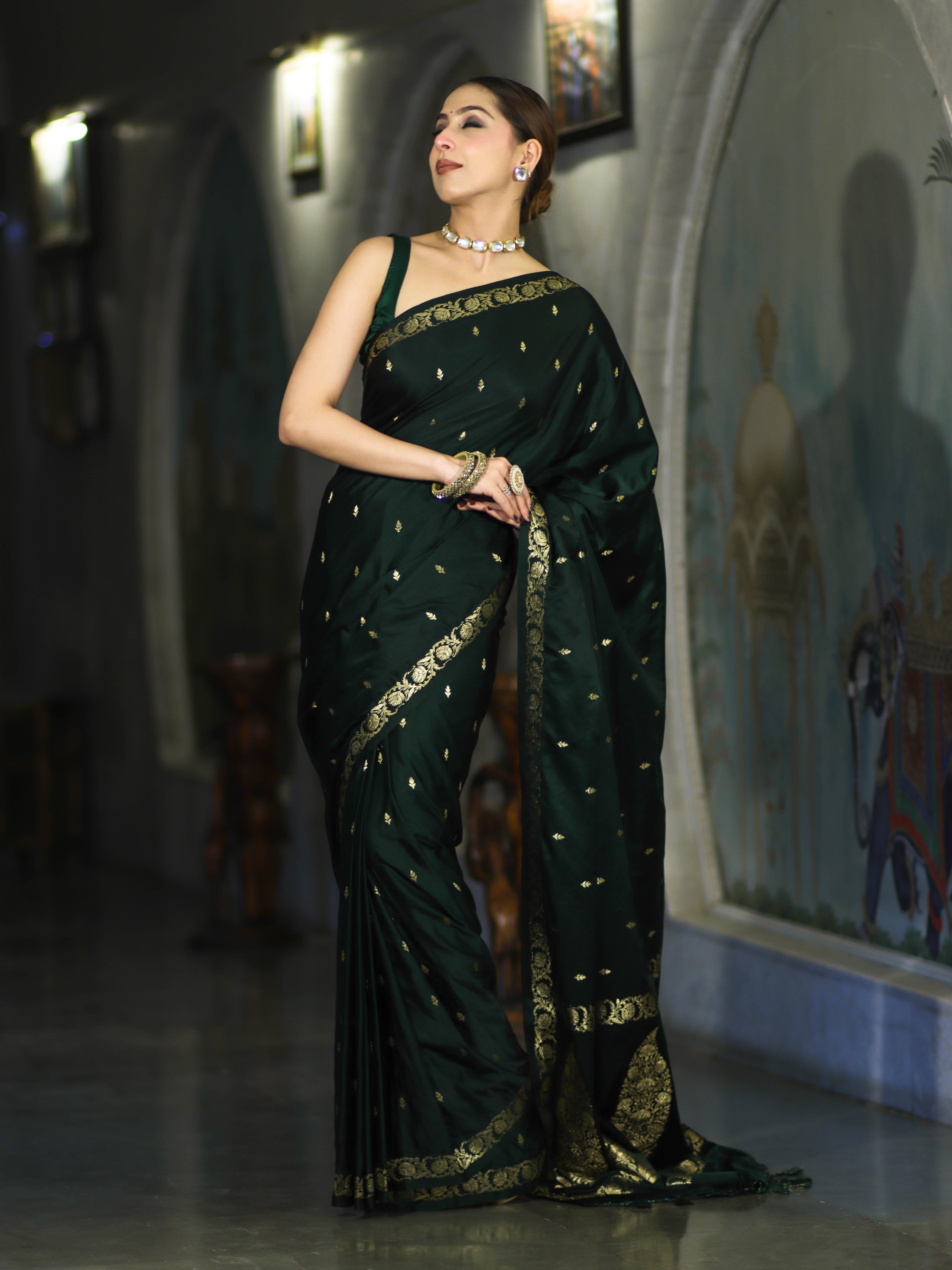 Banarasee Mashru Silk Saree With Zari Motifs & Floral Border-Deep Green