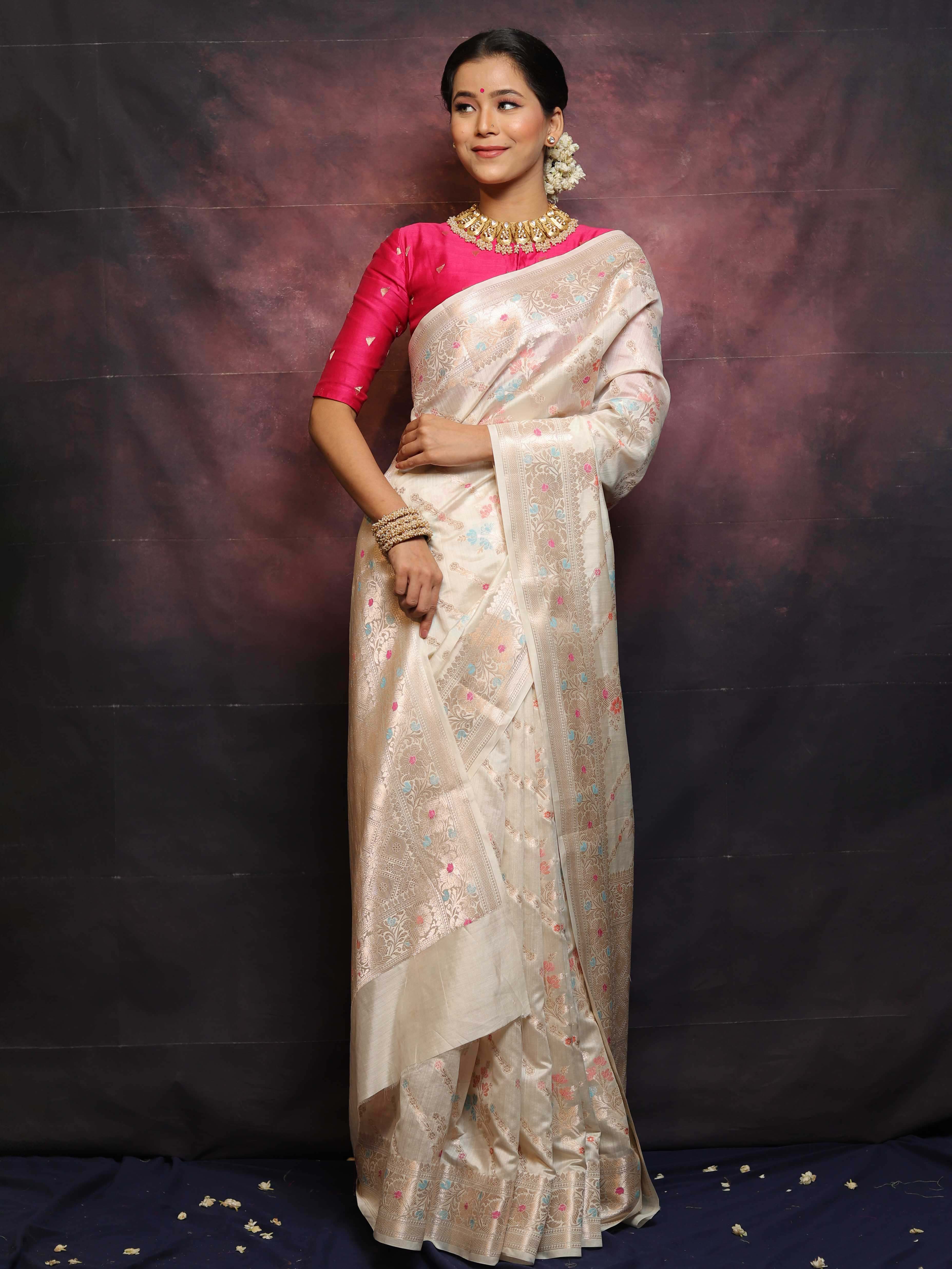 Banarasee Handloom Pure Chiniya Silk Saree With Zari & Meena Work-White