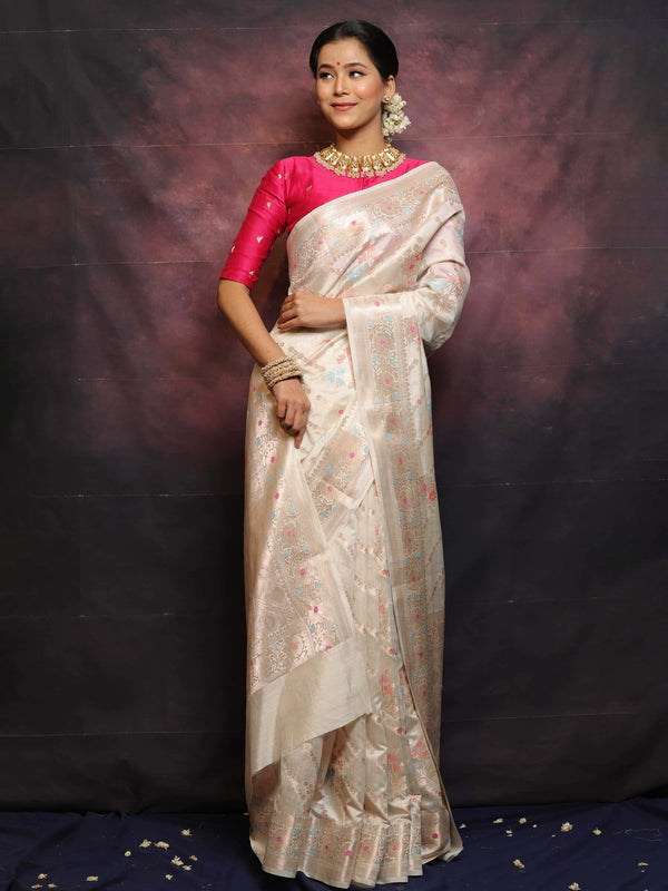 Banarasee Handloom Pure Chiniya Silk Saree With Zari & Meena Work-White