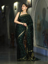 Banarasee Mashru Silk Saree With Zari Motifs & Floral Border-Deep Green