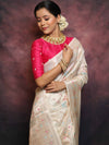 Banarasee Handloom Pure Chiniya Silk Saree With Zari & Meena Work-White