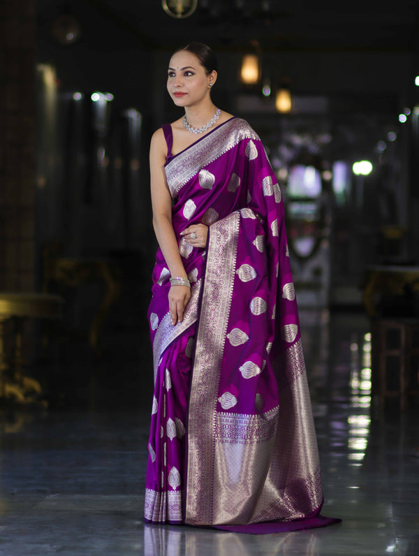 Banarasee Handloom Semi Katan Saree With Floral Buta Design & Border-Violet