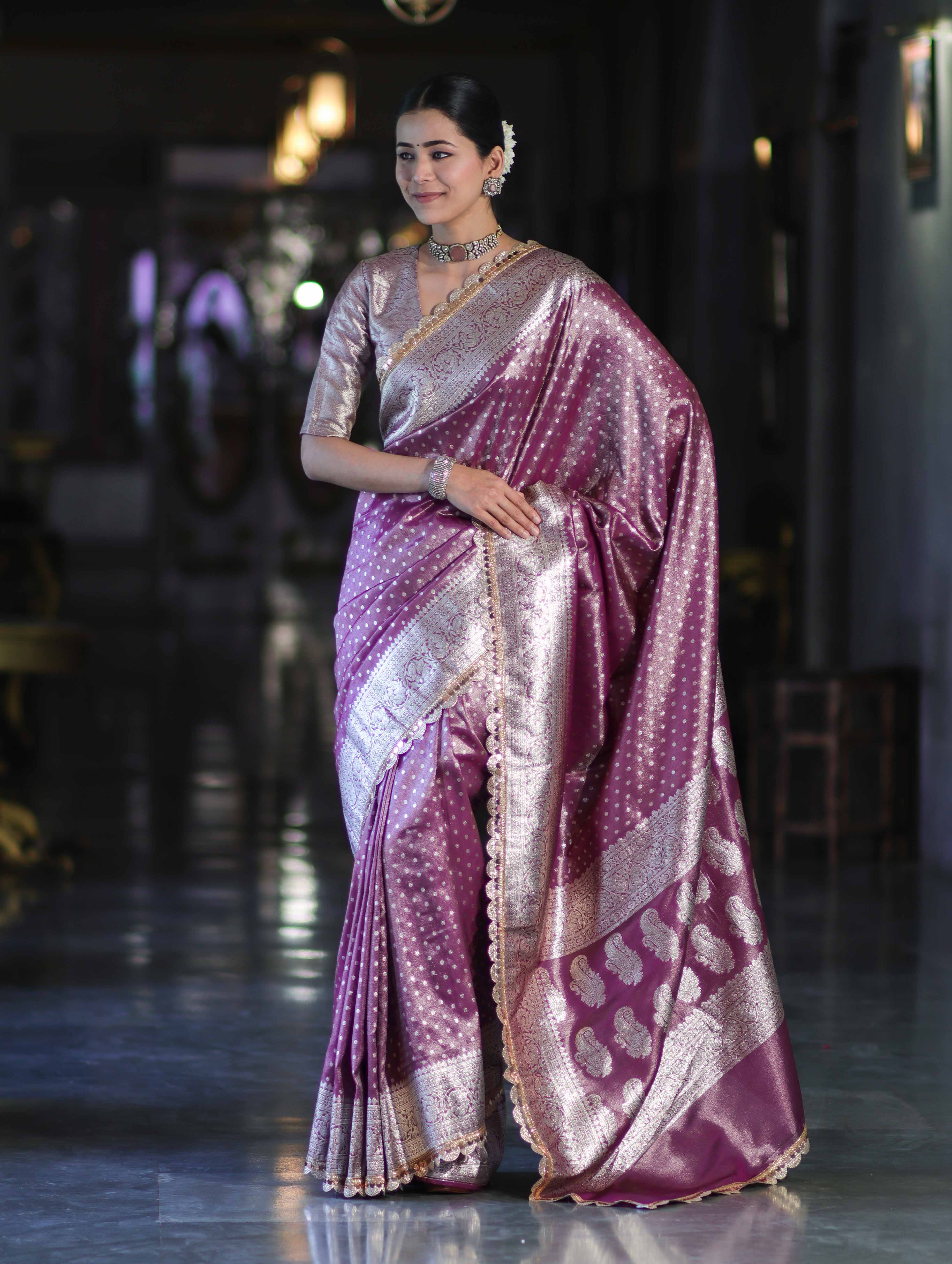 Banarasee Handloom Tissue Saree With Zari Buti Design & Lace Border-Light Purple