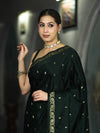Banarasee Mashru Silk Saree With Zari Motifs & Floral Border-Deep Green