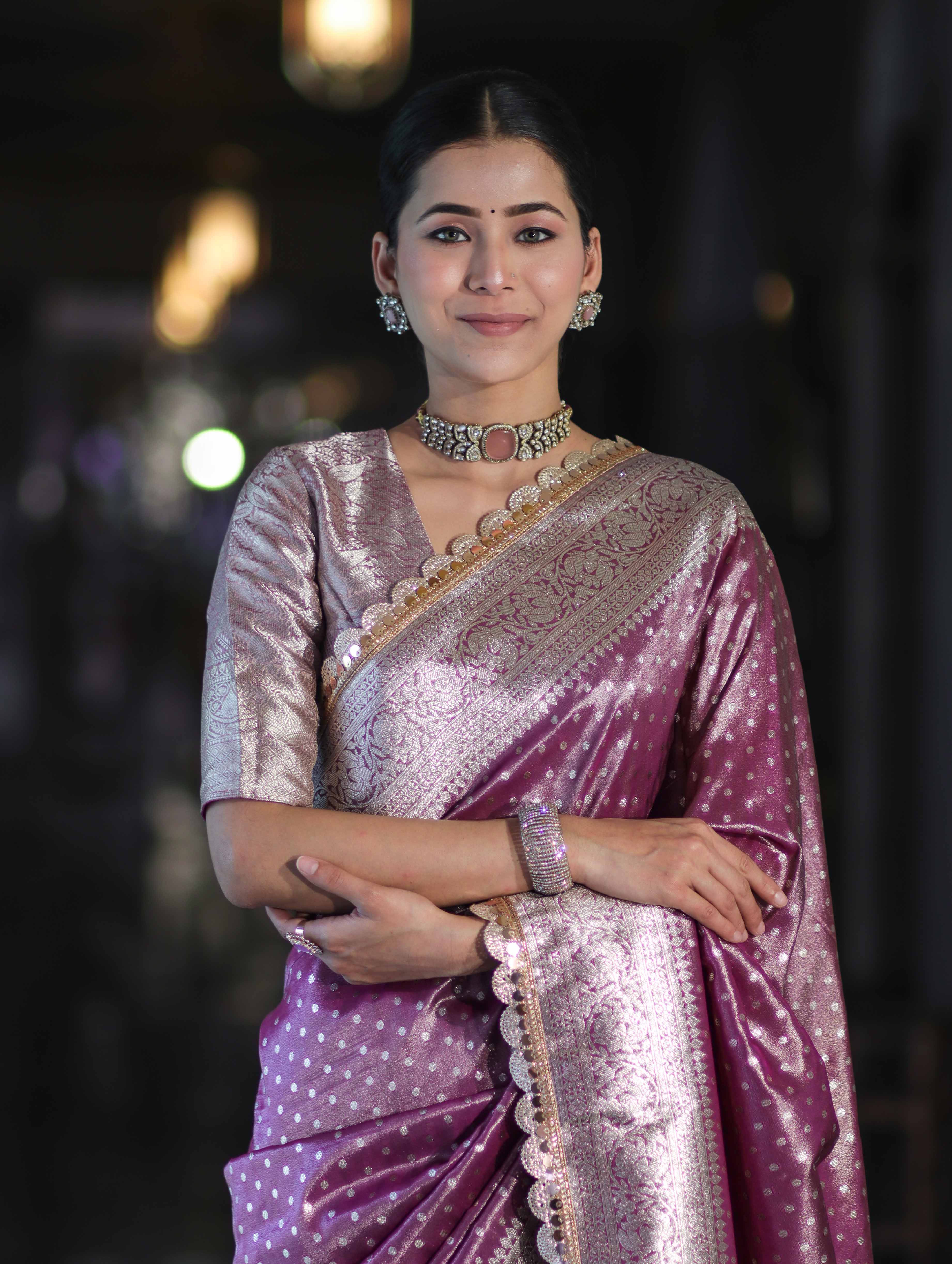 Banarasee Handloom Tissue Saree With Zari Buti Design & Lace Border-Light Purple