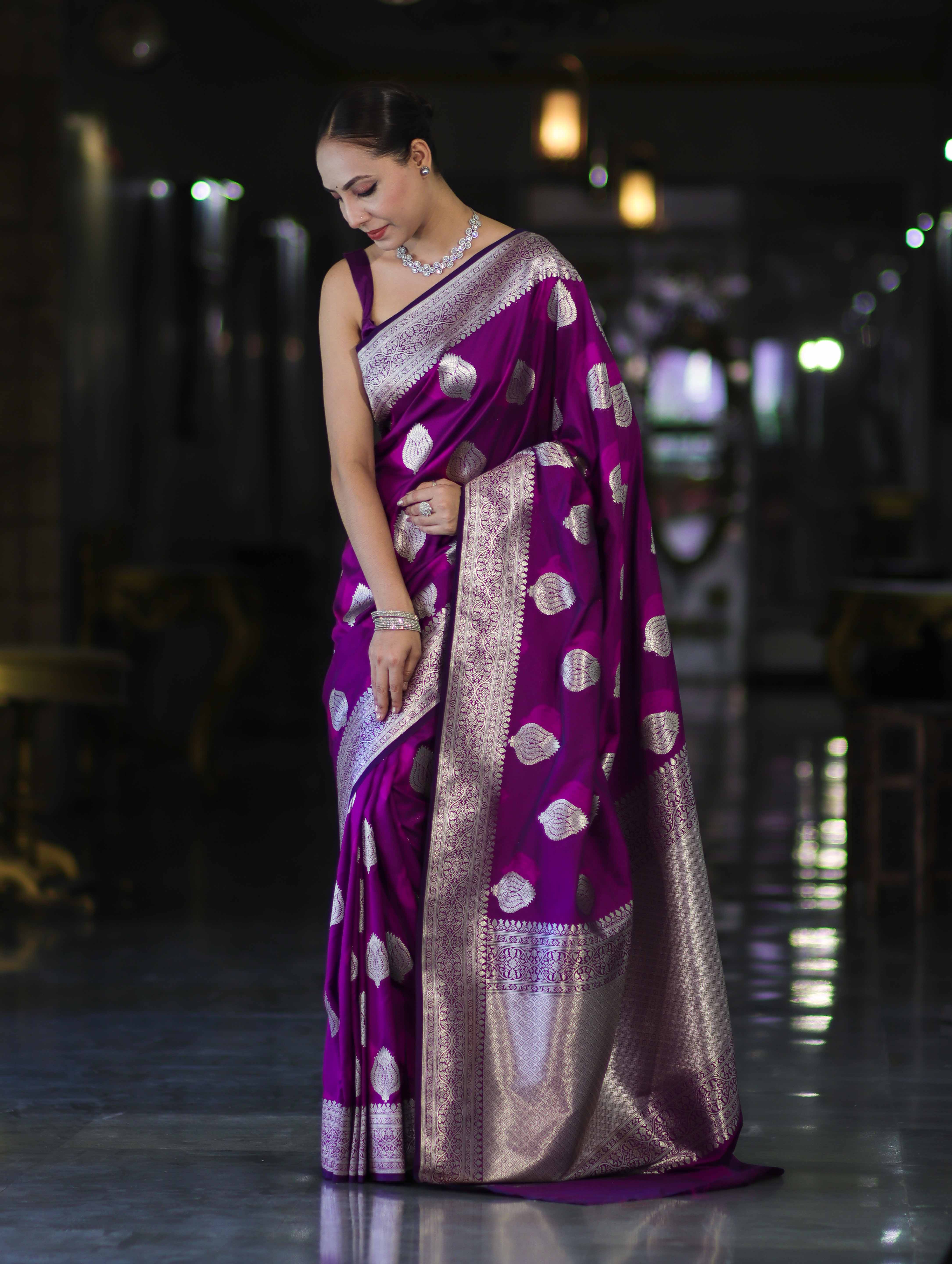 Banarasee Handloom Semi Katan Saree With Floral Buta Design & Border-Violet