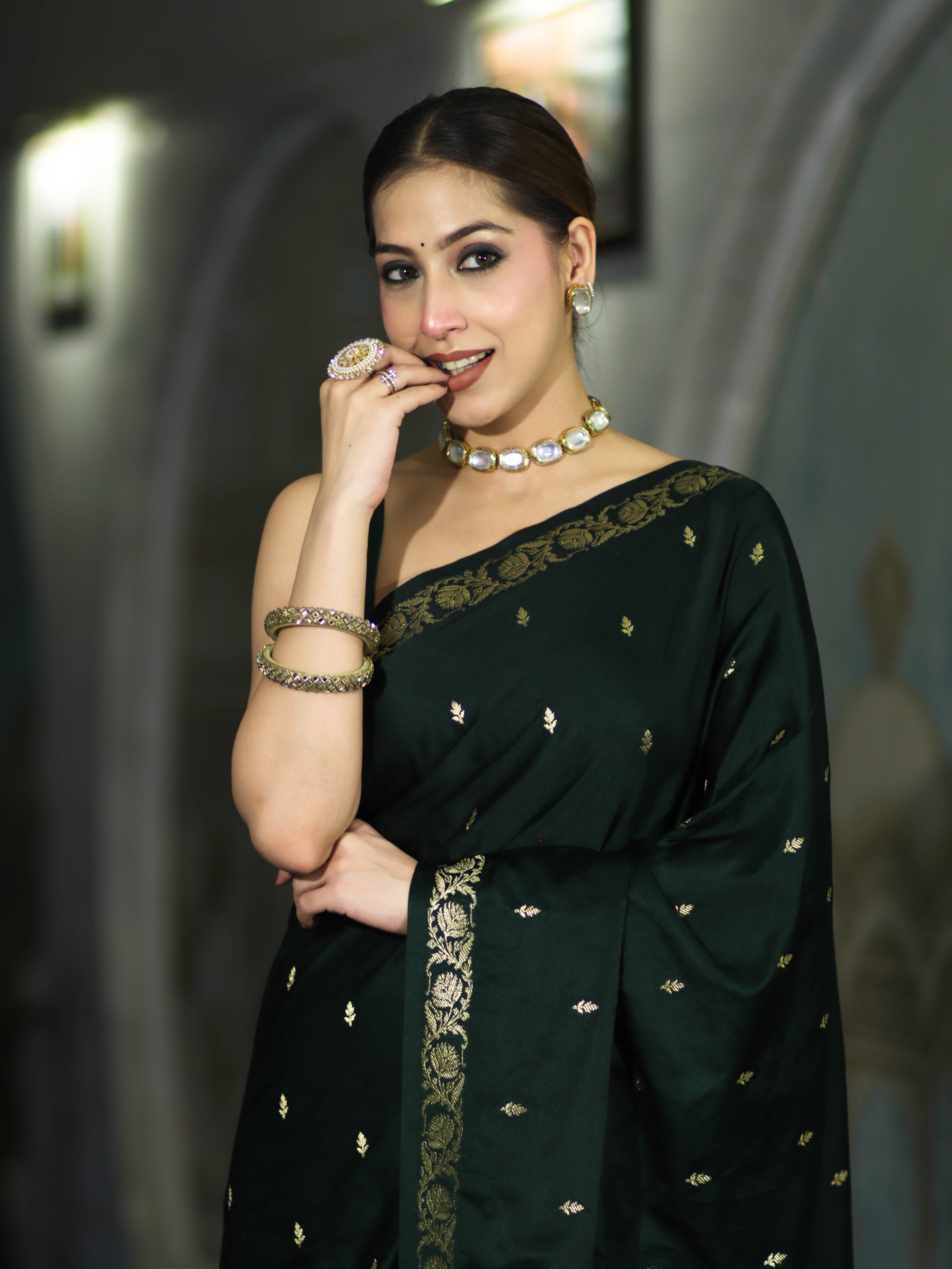Banarasee Mashru Silk Saree With Zari Motifs & Floral Border-Deep Green