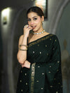 Banarasee Mashru Silk Saree With Zari Motifs & Floral Border-Deep Green