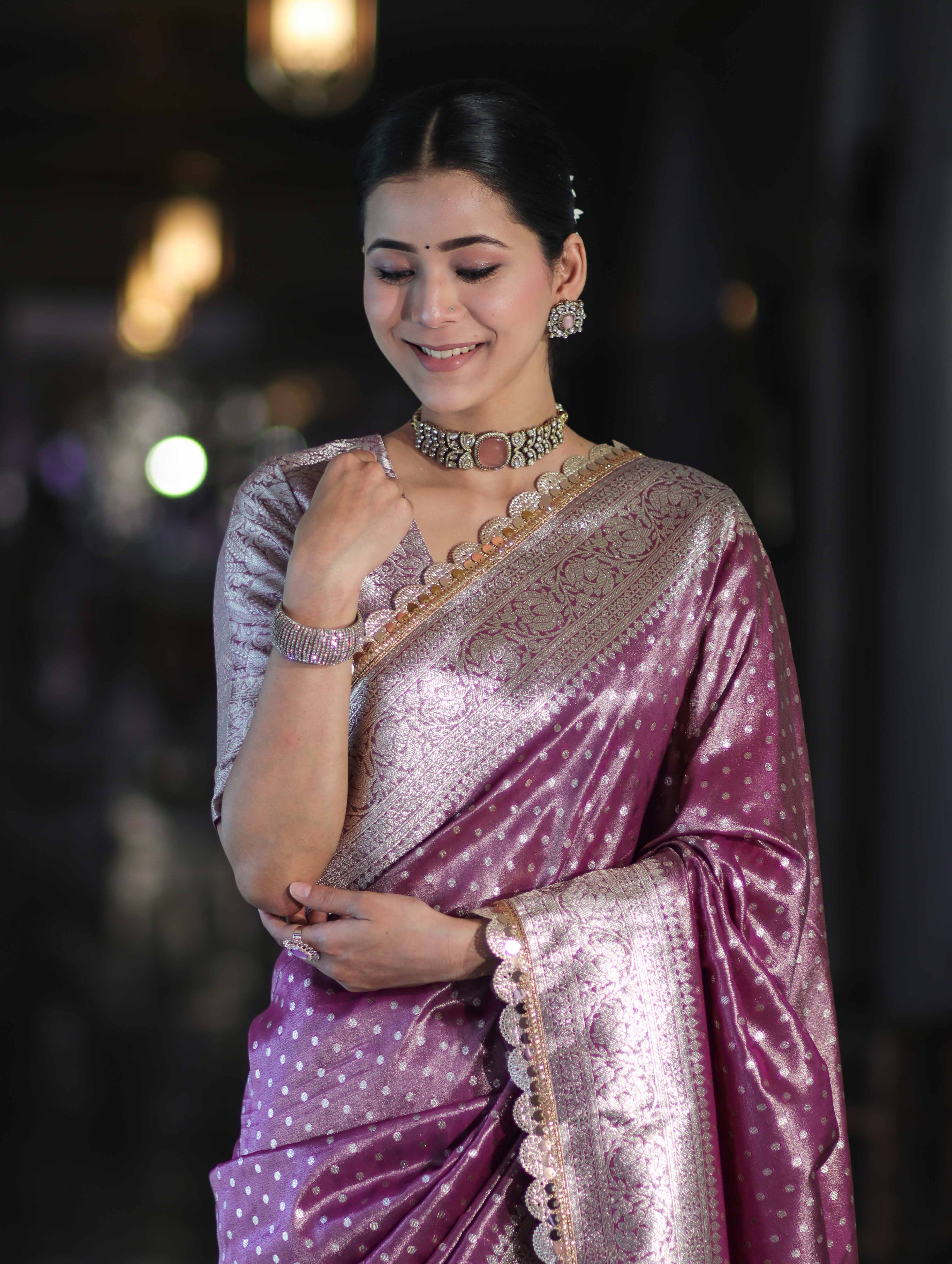 Banarasee Handloom Tissue Saree With Zari Buti Design & Lace Border-Light Purple