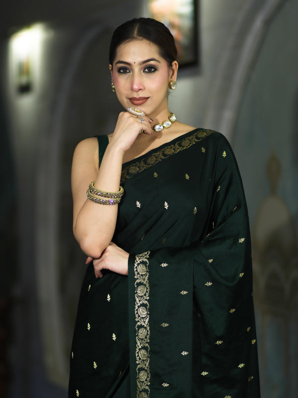 Banarasee Mashru Silk Saree With Zari Motifs & Floral Border-Deep Green