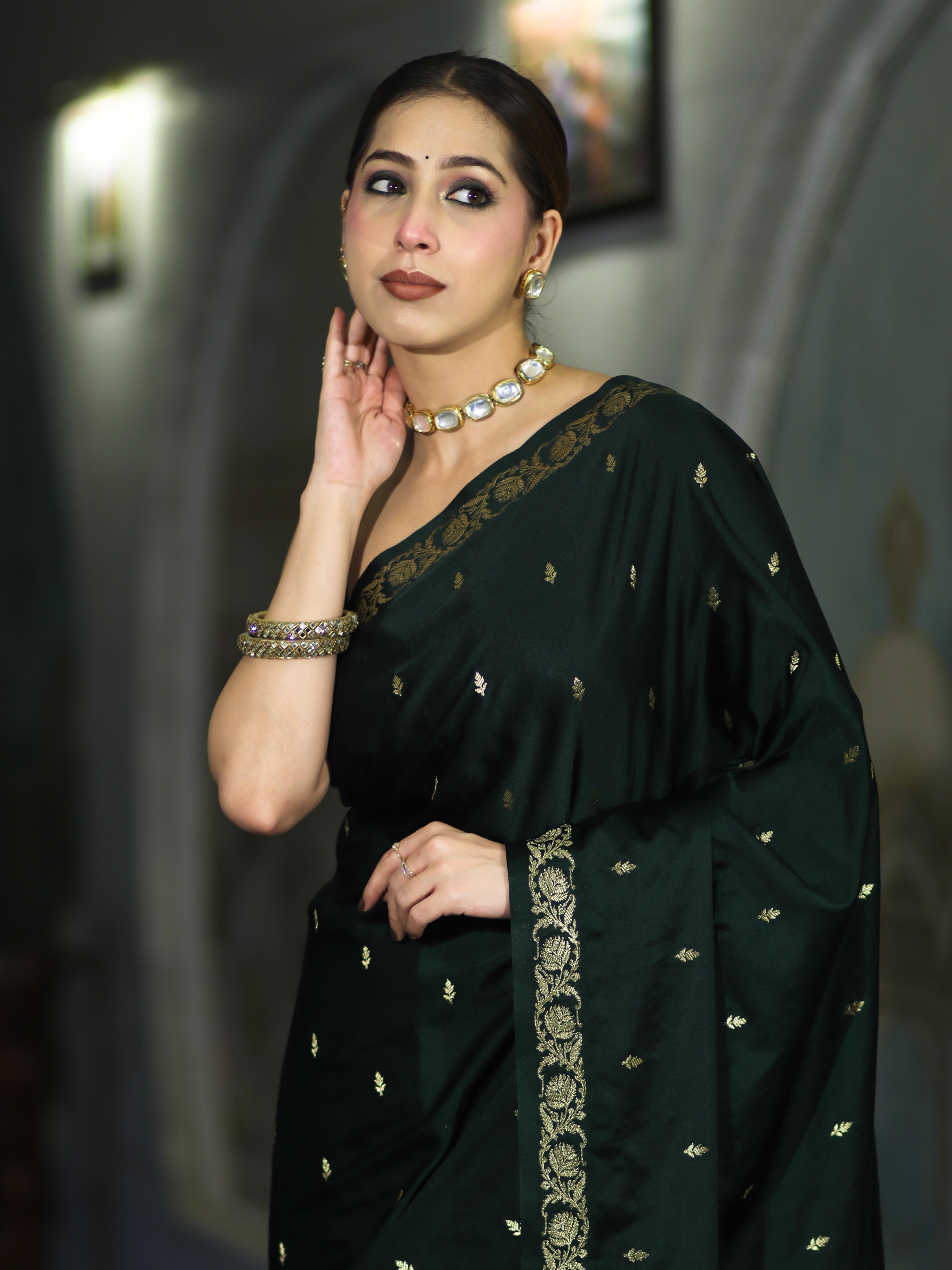 Banarasee Mashru Silk Saree With Zari Motifs & Floral Border-Deep Green