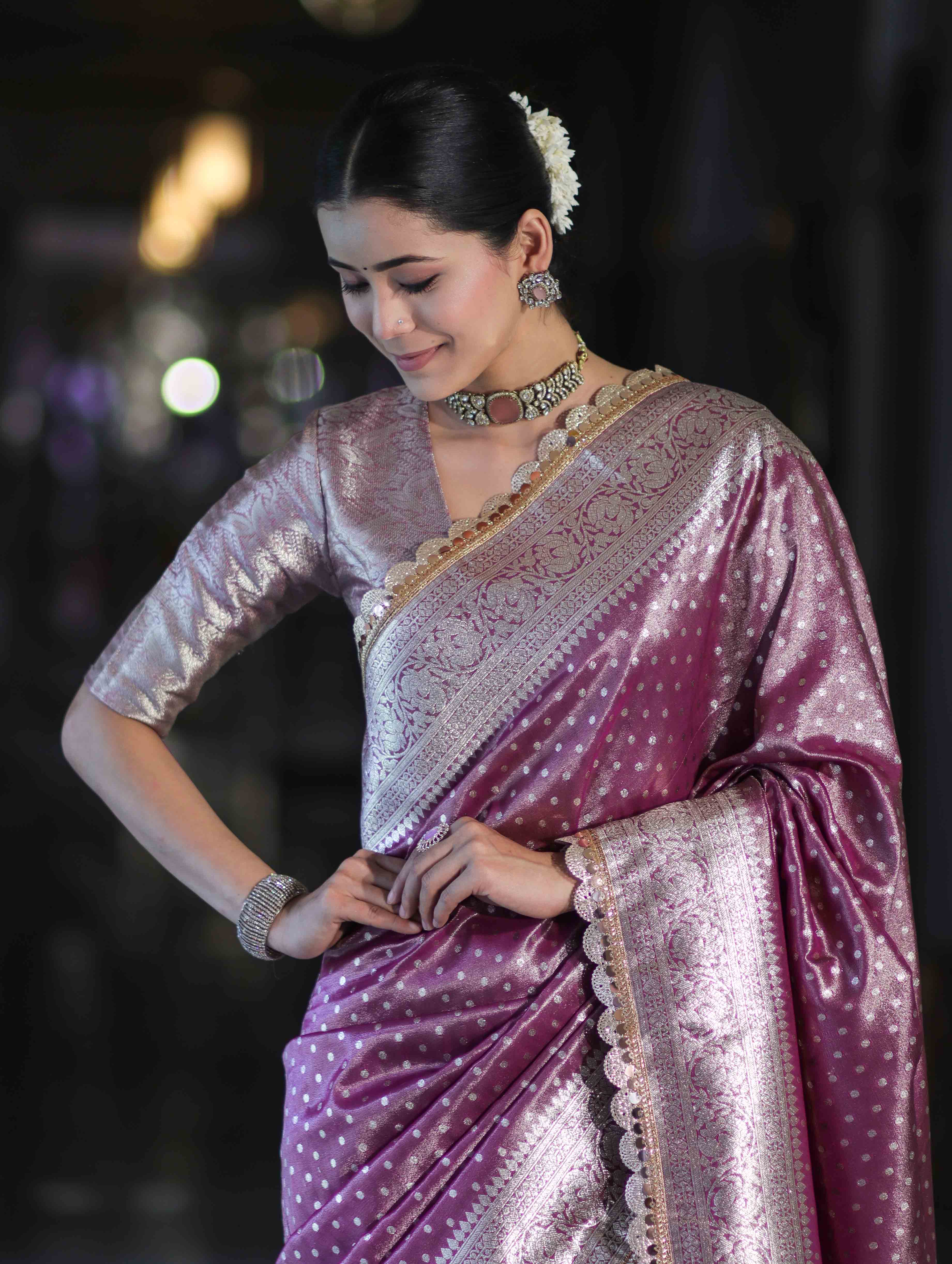Banarasee Handloom Tissue Saree With Zari Buti Design & Lace Border-Light Purple