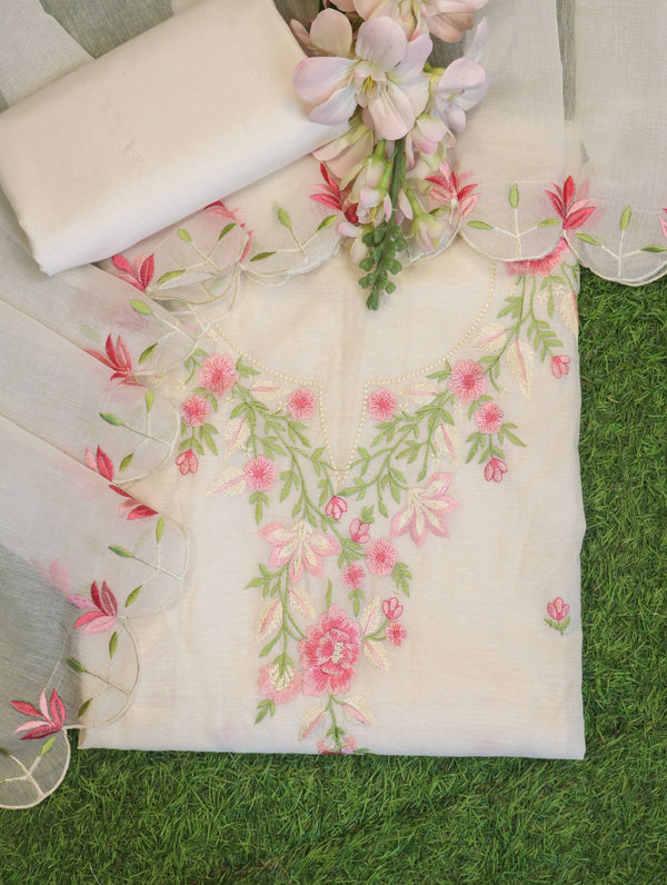 Banarasee Semi-Stitched Mul Cotton Salwar Kameez Set With Cotton Silk Dupatta-Off White