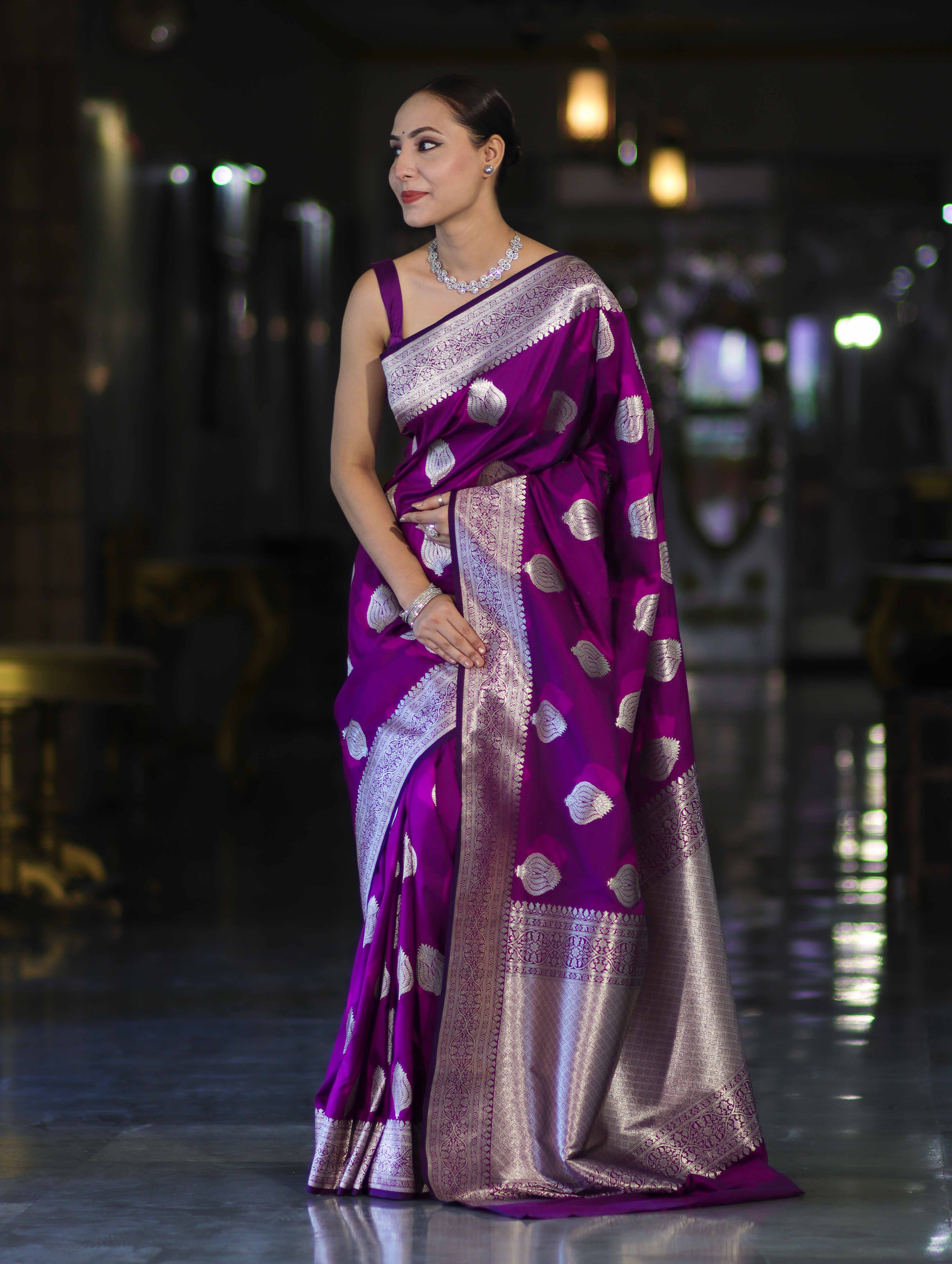 Banarasee Handloom Semi Katan Saree With Floral Buta Design & Border-Violet