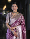 Banarasee Handloom Tissue Saree With Zari Buti Design & Lace Border-Light Purple