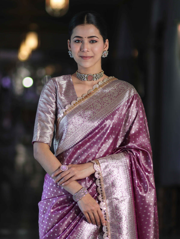 Banarasee Handloom Tissue Saree With Zari Buti Design & Lace Border-Light Purple