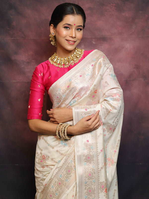 Banarasee Handloom Pure Chiniya Silk Saree With Zari & Meena Work-White