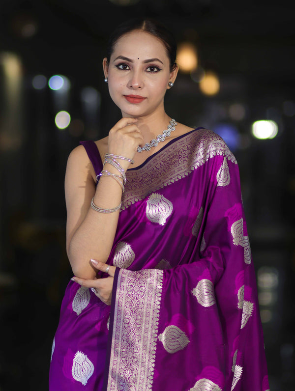 Banarasee Handloom Semi Katan Saree With Floral Buta Design & Border-Violet