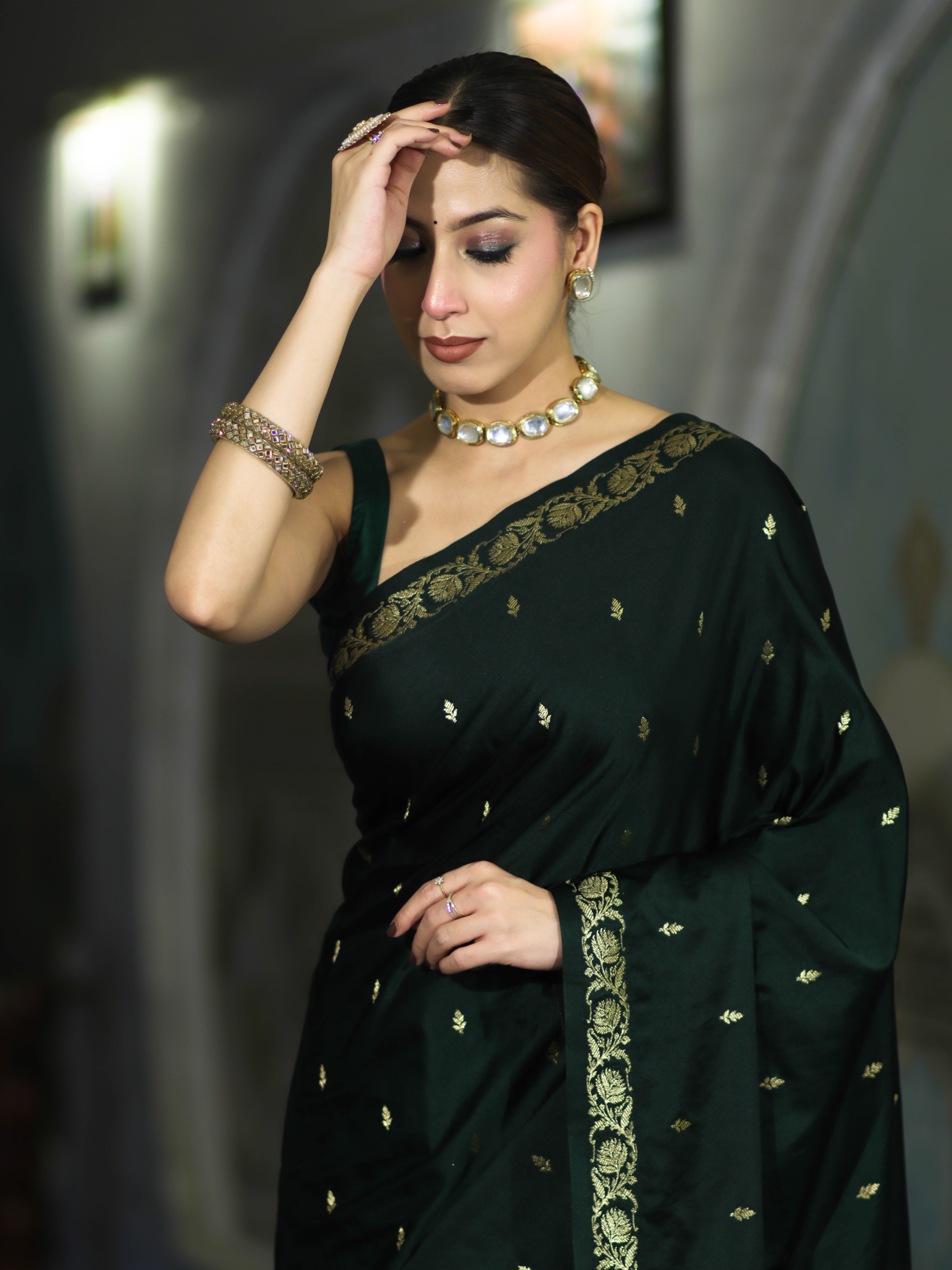 Banarasee Mashru Silk Saree With Zari Motifs & Floral Border-Deep Green