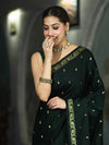 Banarasee Mashru Silk Saree With Zari Motifs & Floral Border-Deep Green