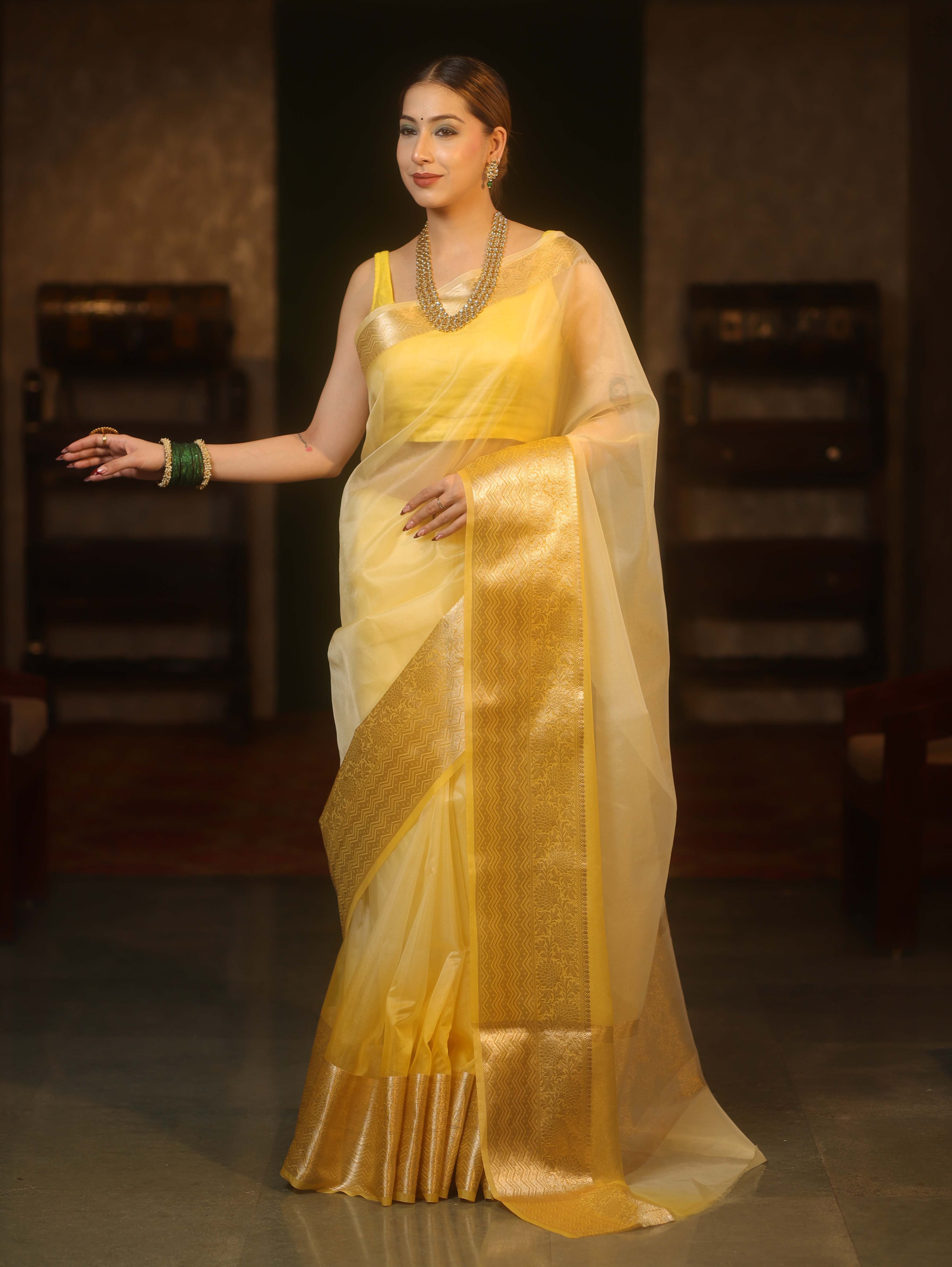 Banarasee Organza Dual Color Plain Saree With Zari Border Design-Yellow