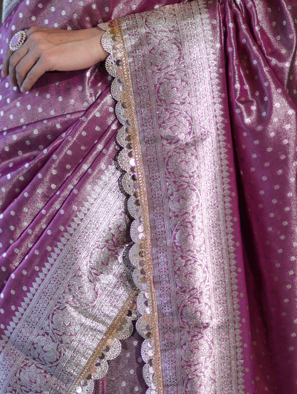 Banarasee Handloom Tissue Saree With Zari Buti Design & Lace Border-Light Purple