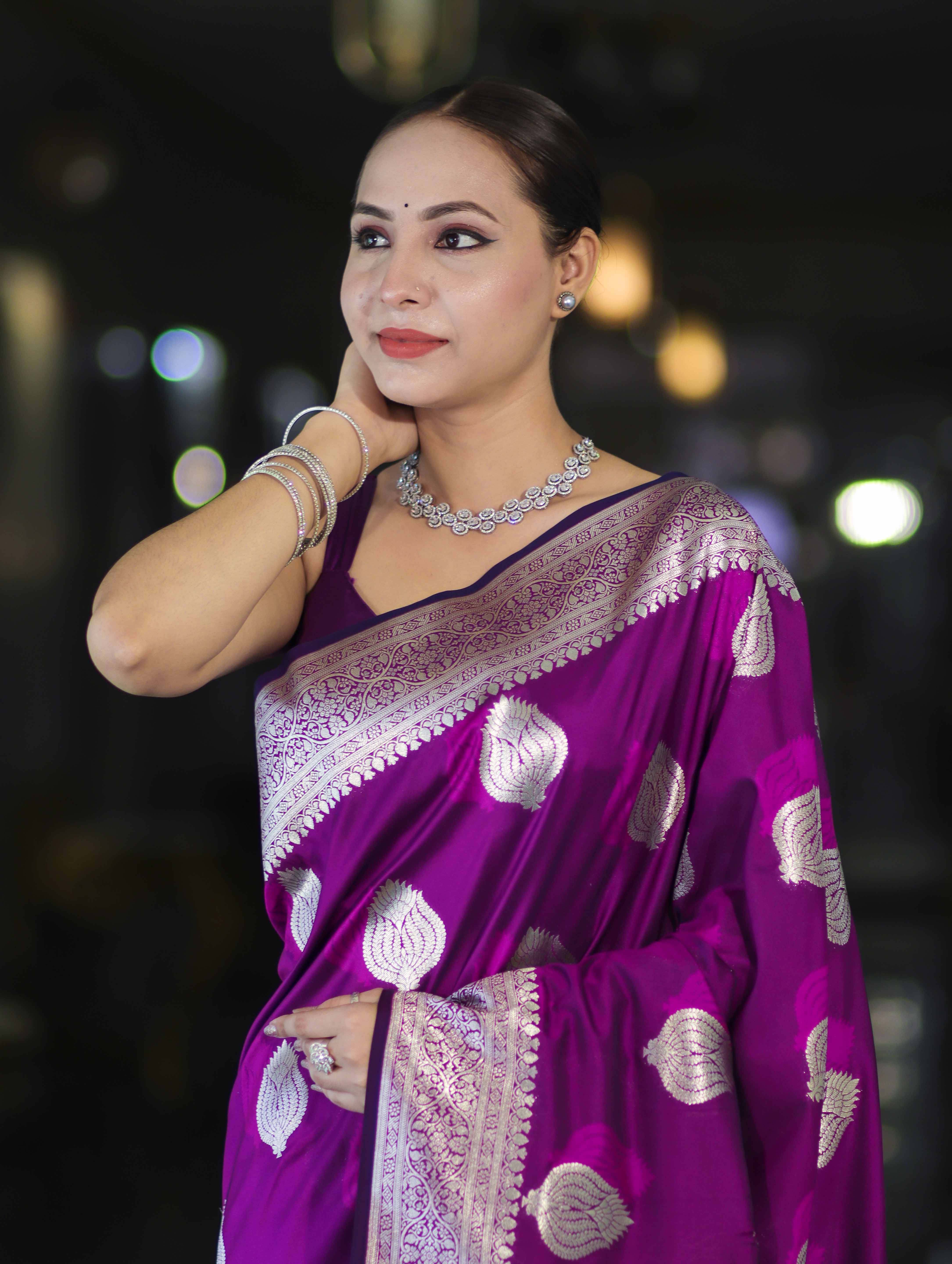 Banarasee Handloom Semi Katan Saree With Floral Buta Design & Border-Violet