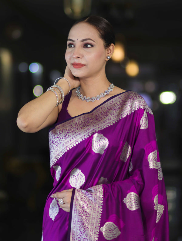 Banarasee Handloom Semi Katan Saree With Floral Buta Design & Border-Violet