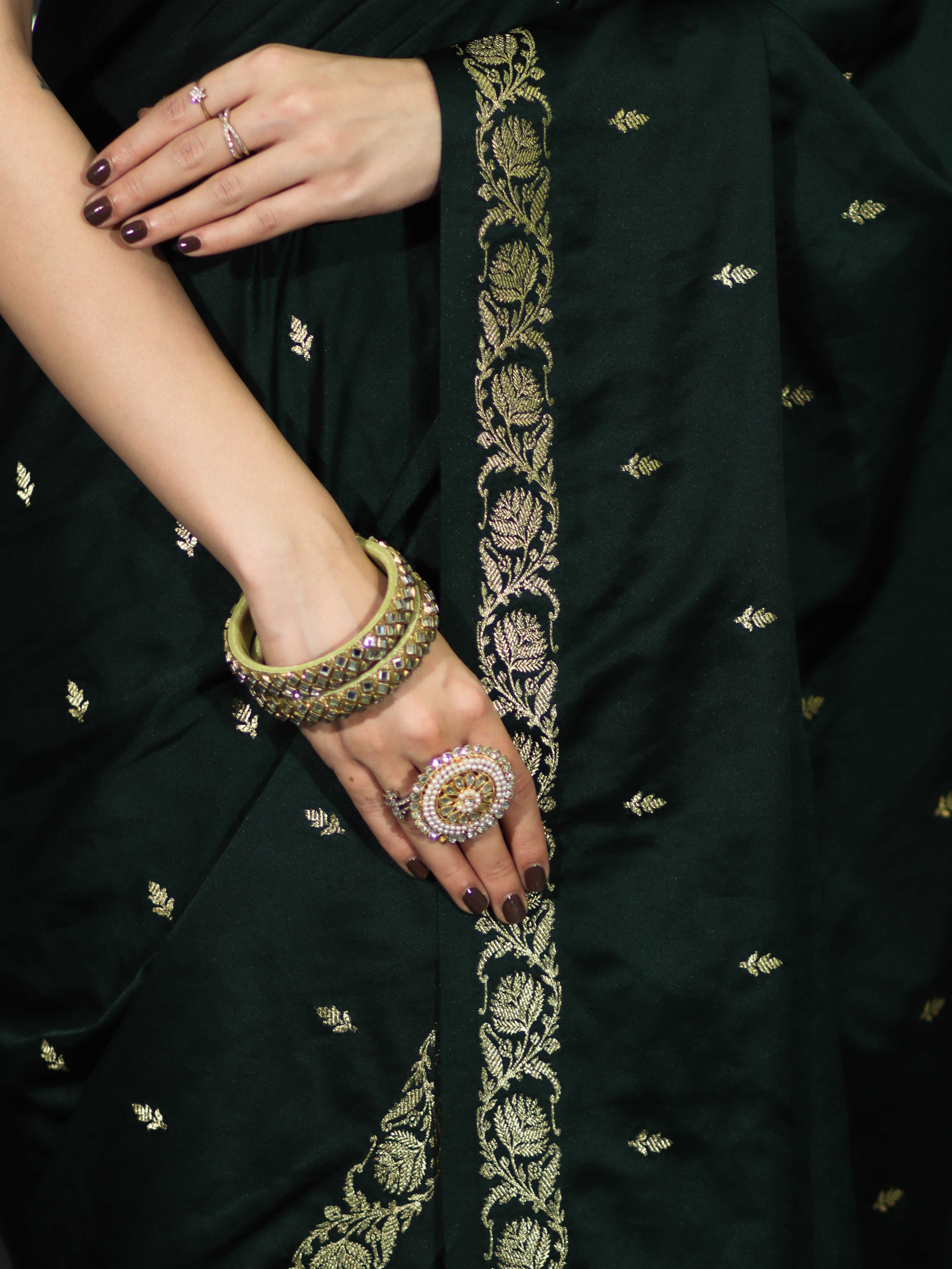 Banarasee Mashru Silk Saree With Zari Motifs & Floral Border-Deep Green