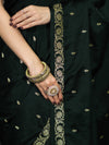 Banarasee Mashru Silk Saree With Zari Motifs & Floral Border-Deep Green