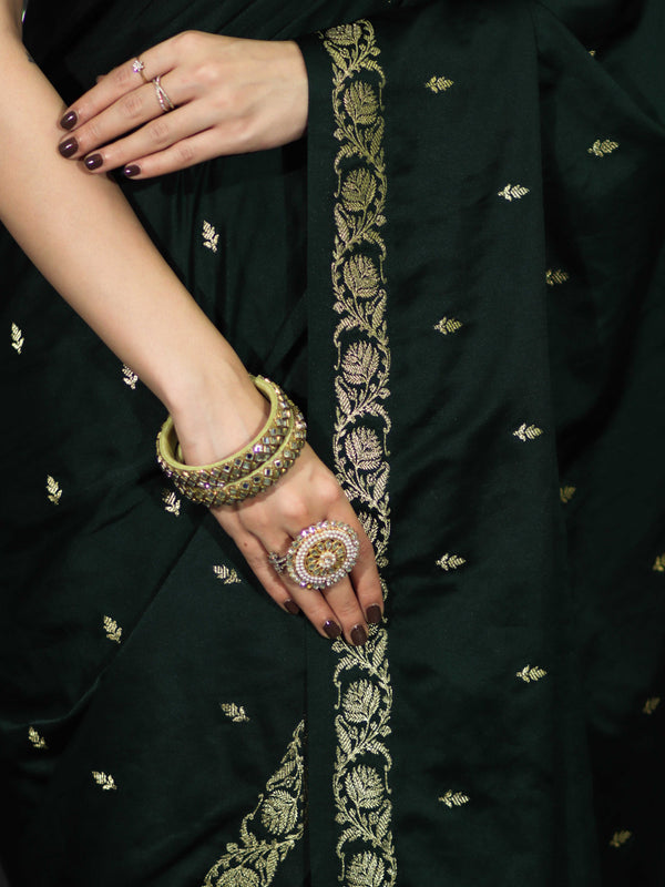 Banarasee Mashru Silk Saree With Zari Motifs & Floral Border-Deep Green