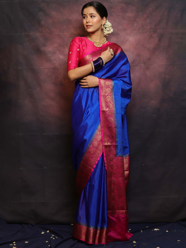 Banarasee Handwoven Semi Silk Plain Saree With Zari Contrast Border-Blue & Pink