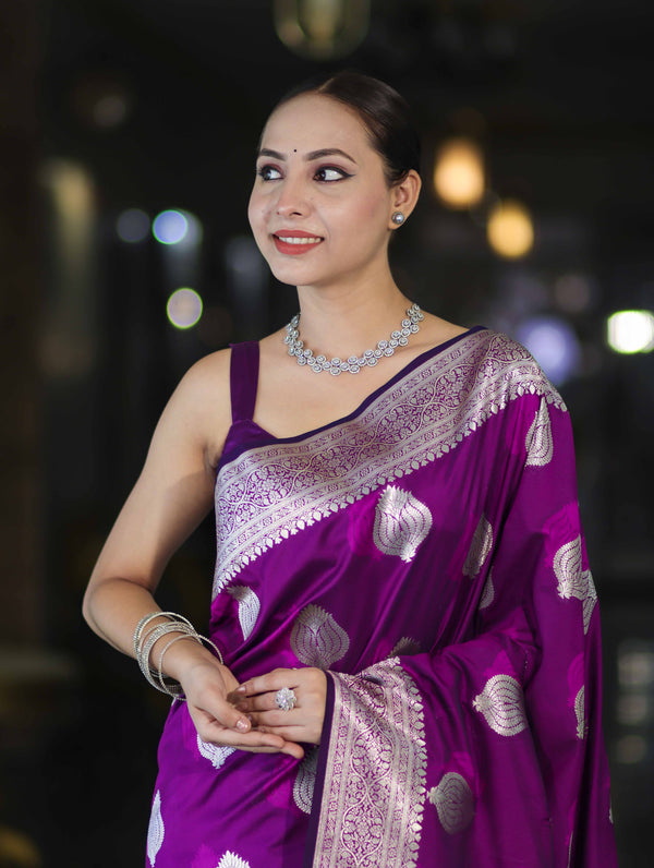 Banarasee Handloom Semi Katan Saree With Floral Buta Design & Border-Violet