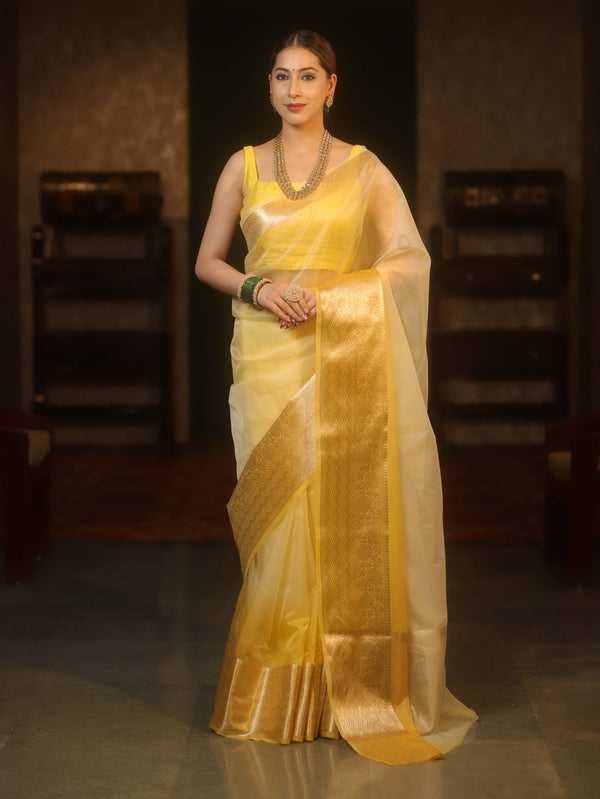 Banarasee Organza Dual Color Plain Saree With Zari Border Design-Yellow