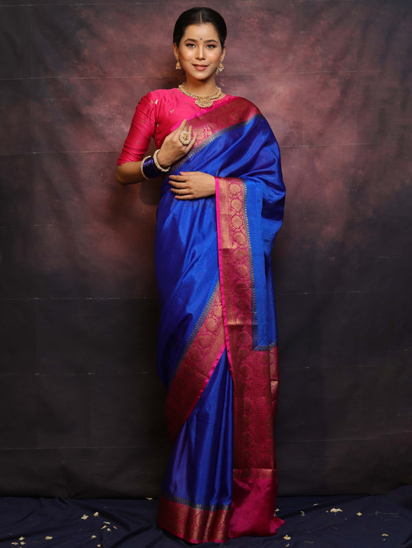 Banarasee Handwoven Semi Silk Plain Saree With Zari Contrast Border-Blue & Pink