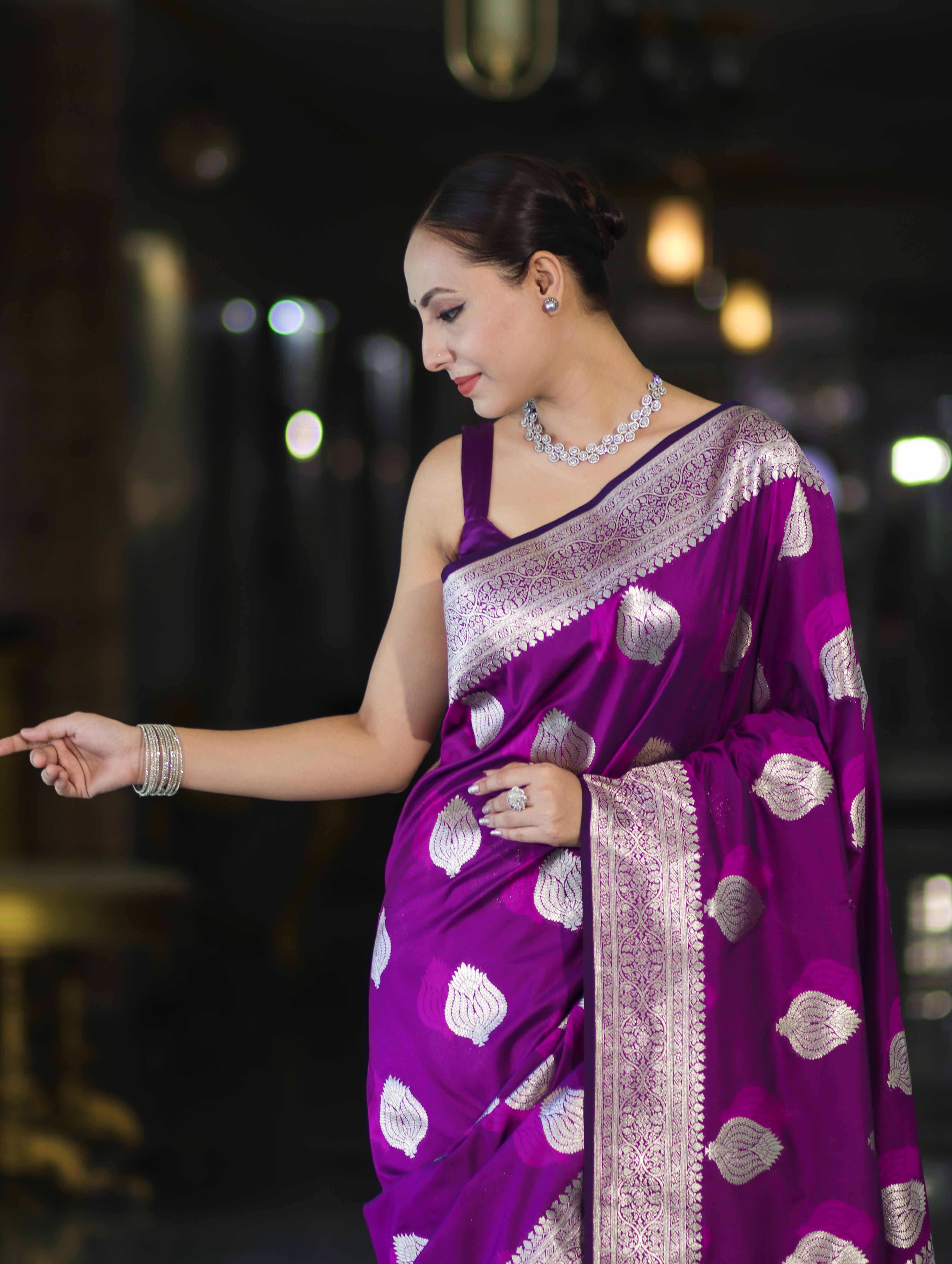 Banarasee Handloom Semi Katan Saree With Floral Buta Design & Border-Violet