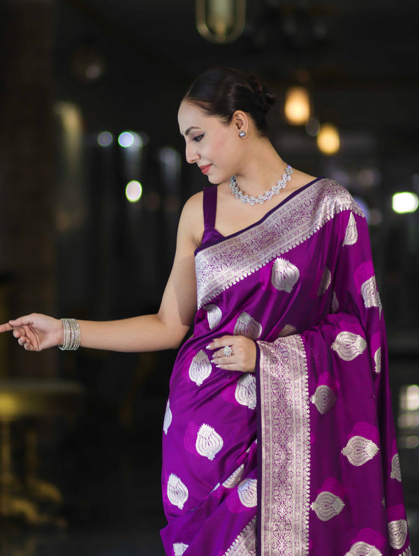 Banarasee Handloom Semi Katan Saree With Floral Buta Design & Border-Violet