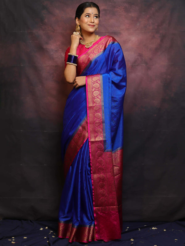 Banarasee Handwoven Semi Silk Plain Saree With Zari Contrast Border-Blue & Pink