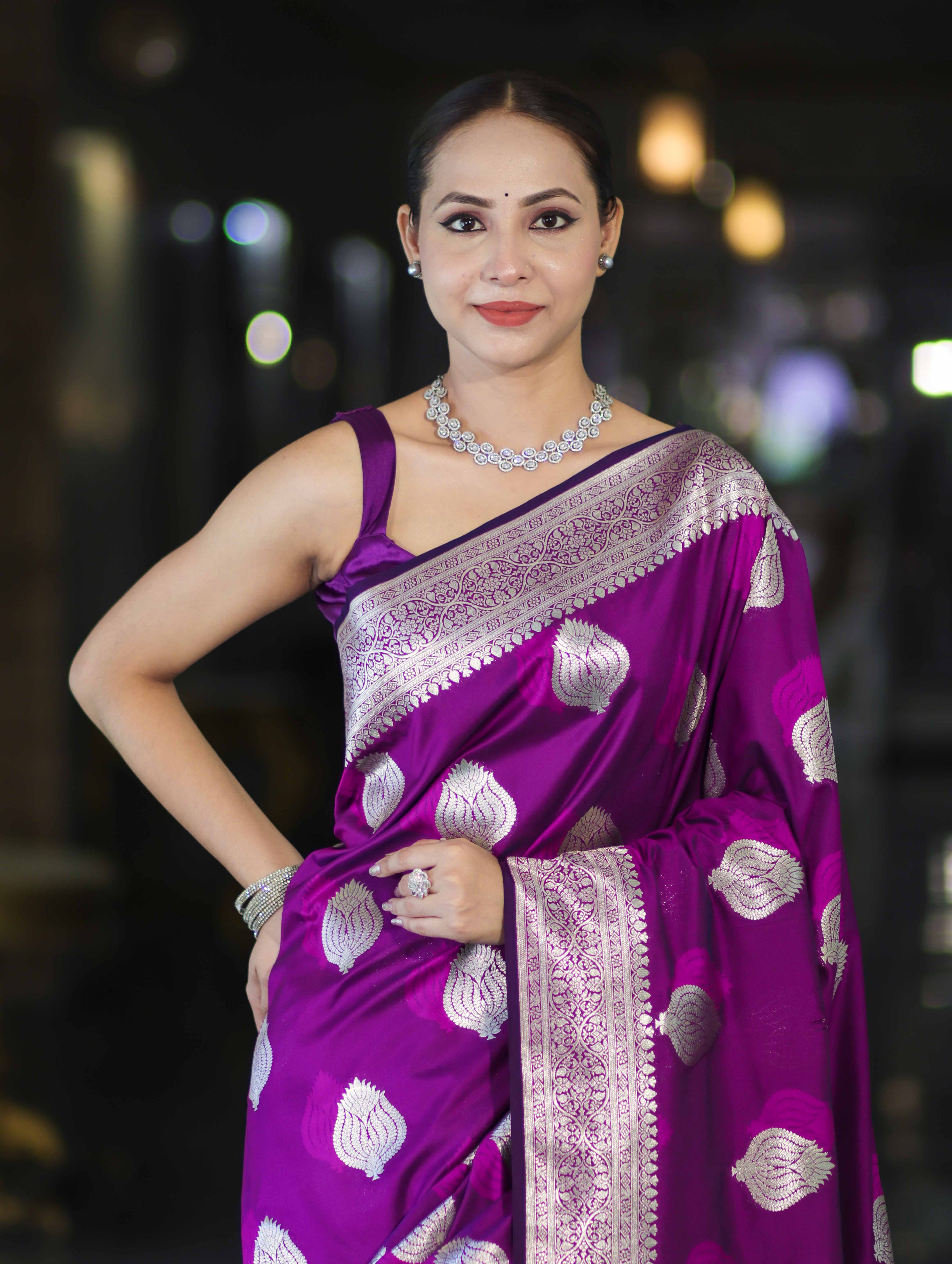 Banarasee Handloom Semi Katan Saree With Floral Buta Design & Border-Violet