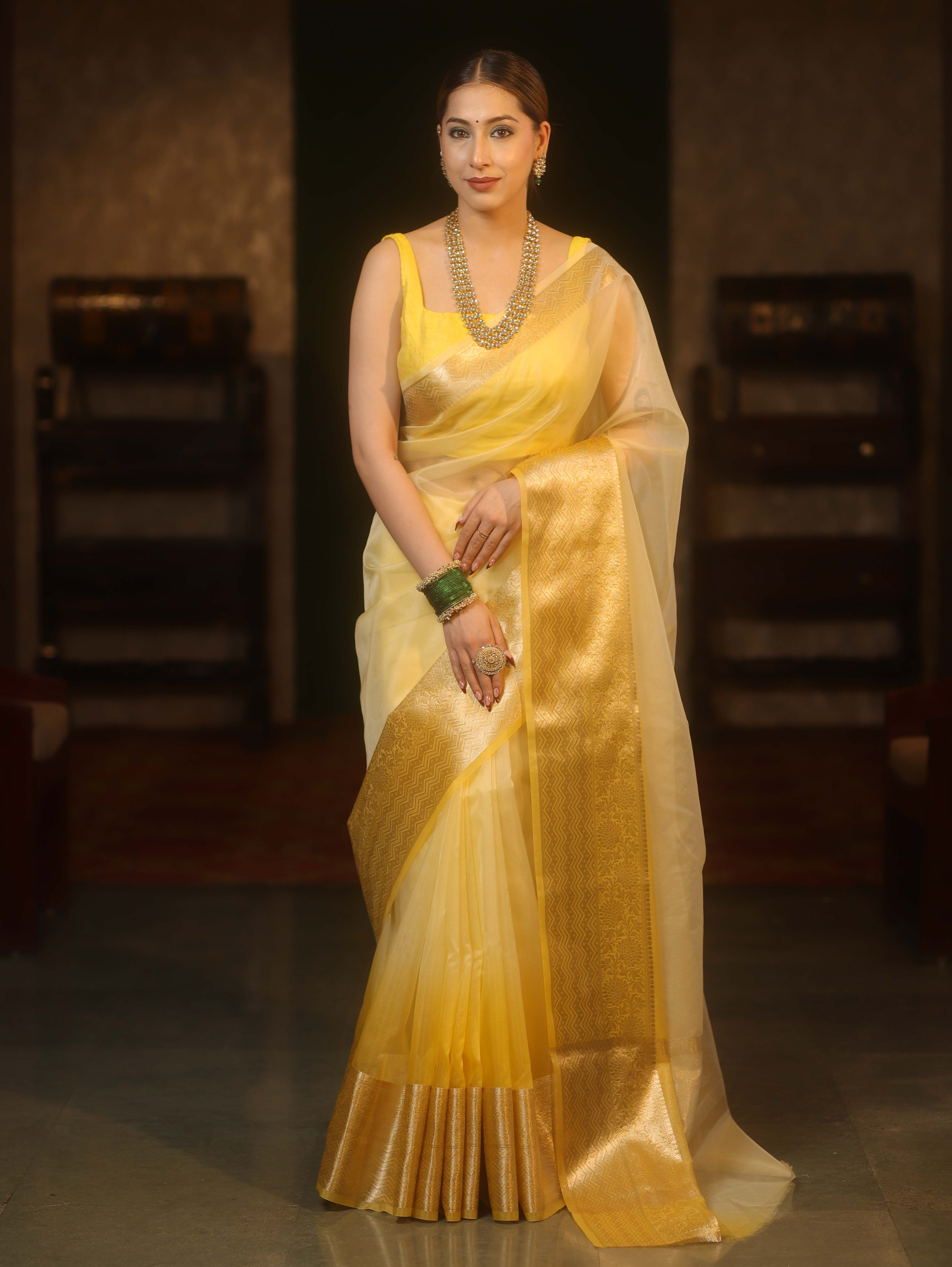 Banarasee Organza Dual Color Plain Saree With Zari Border Design-Yellow