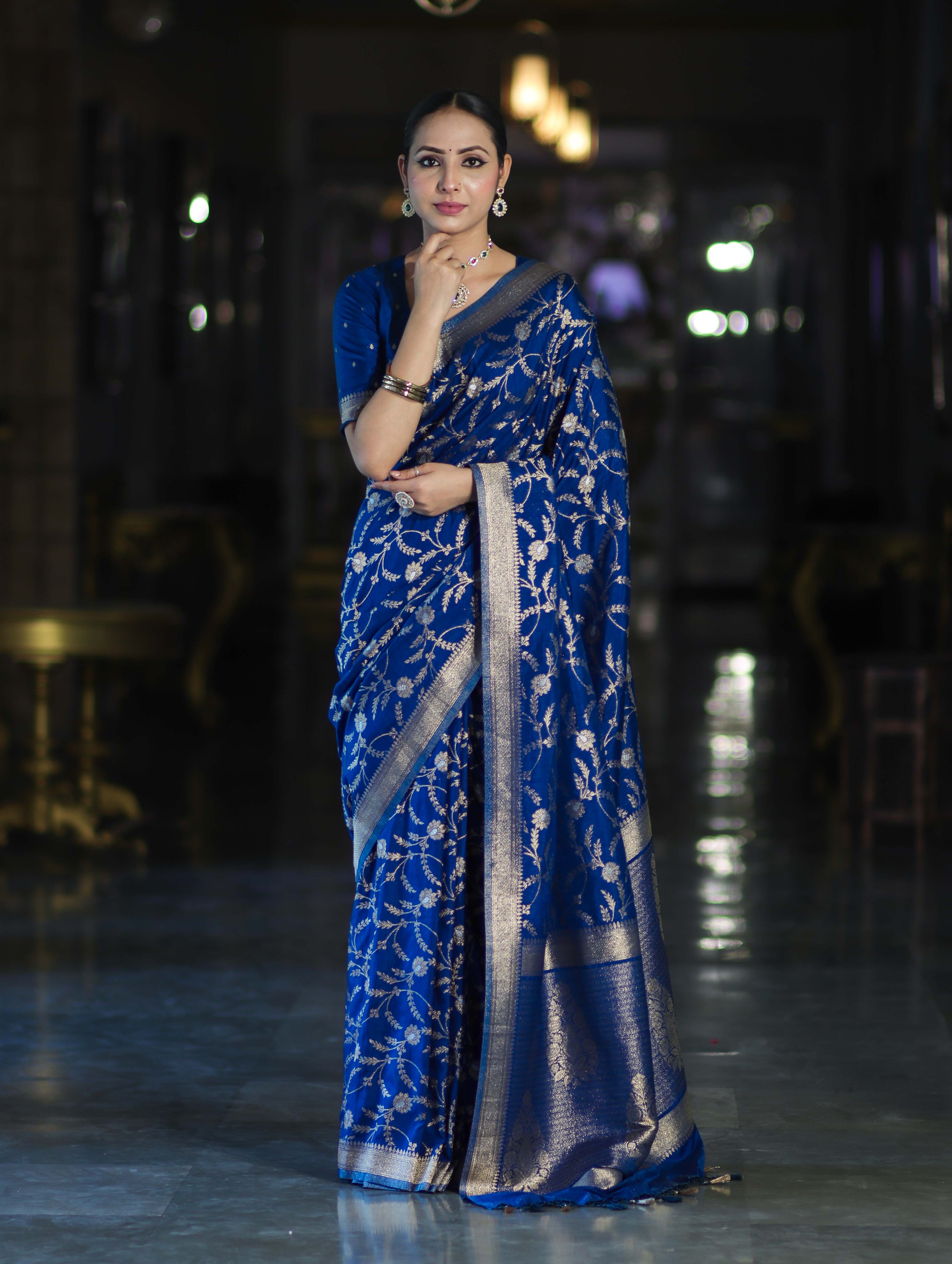 Banarasee Handloom Semi Silk Saree With Sona Rupa Zari Work & Border-Blue