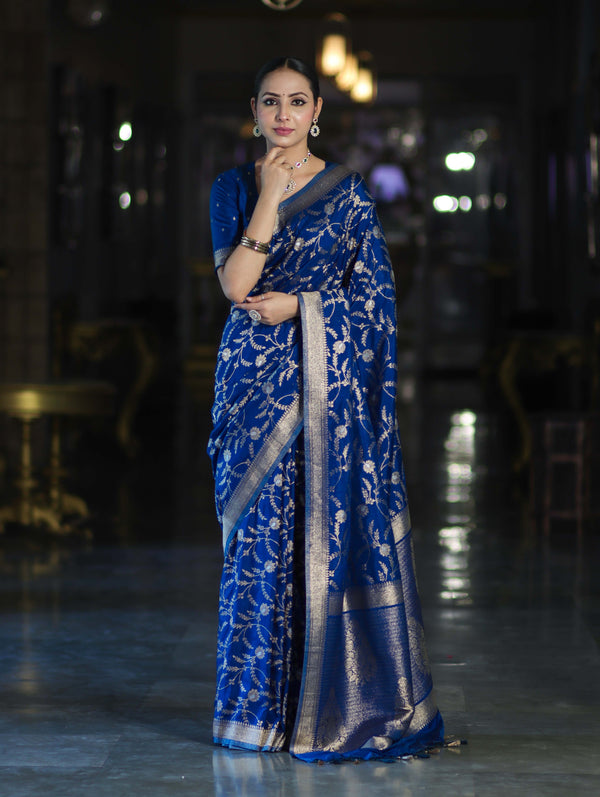Banarasee Handloom Semi Silk Saree With Sona Rupa Zari Work & Border-Blue