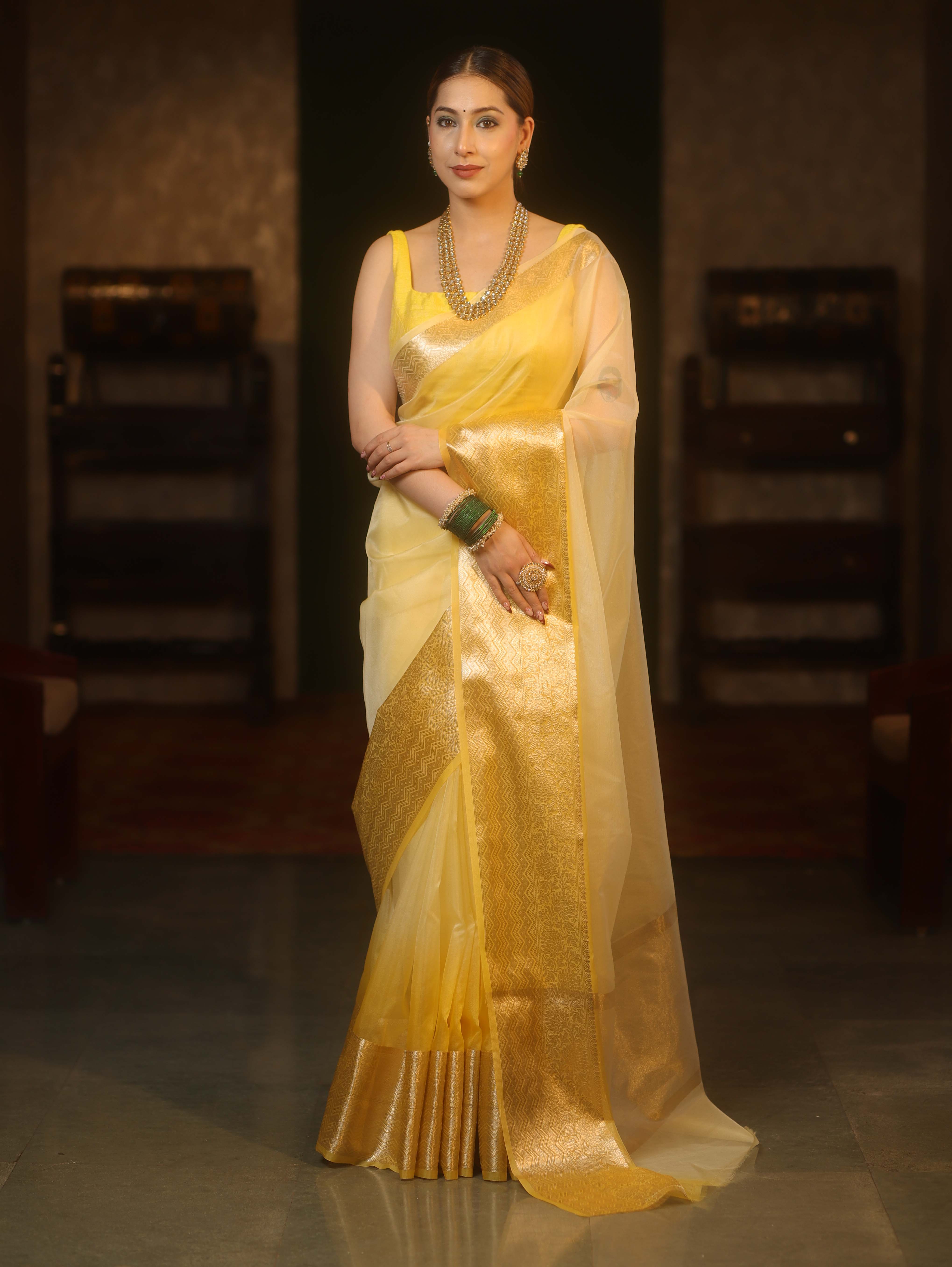 Banarasee Organza Dual Color Plain Saree With Zari Border Design-Yellow