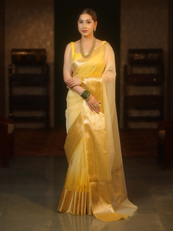 Banarasee Organza Dual Color Plain Saree With Zari Border Design-Yellow