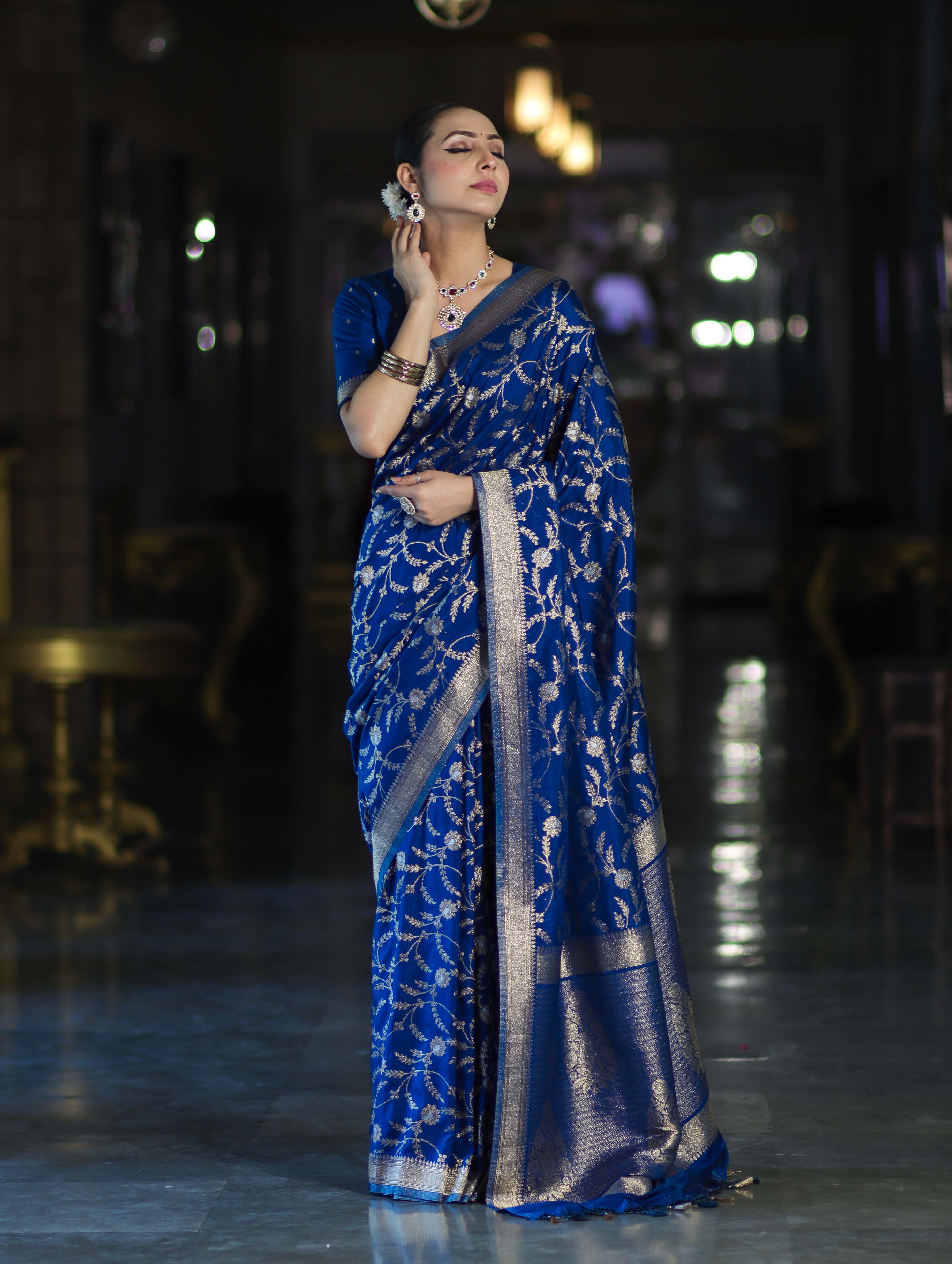 Banarasee Handloom Semi Silk Saree With Sona Rupa Zari Work & Border-Blue
