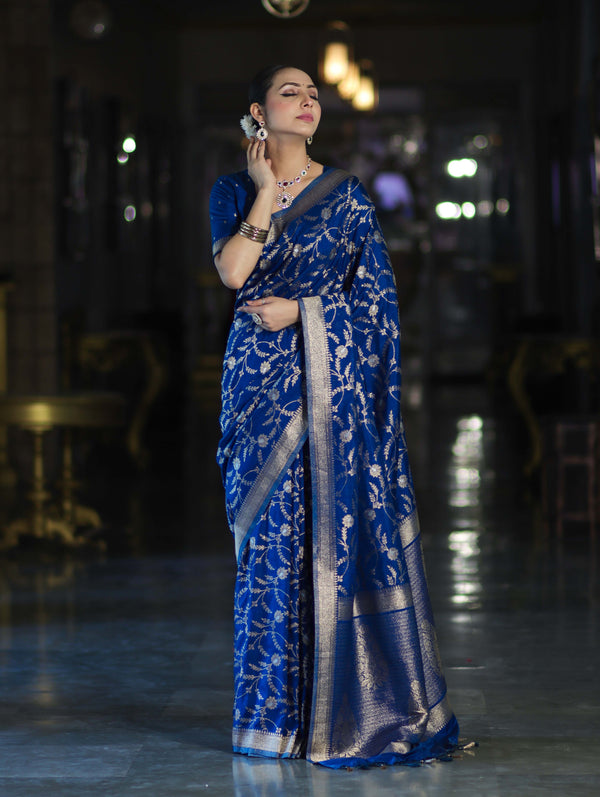 Banarasee Handloom Semi Silk Saree With Sona Rupa Zari Work & Border-Blue