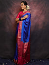 Banarasee Handwoven Semi Silk Plain Saree With Zari Contrast Border-Blue & Pink