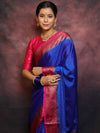 Banarasee Handwoven Semi Silk Plain Saree With Zari Contrast Border-Blue & Pink